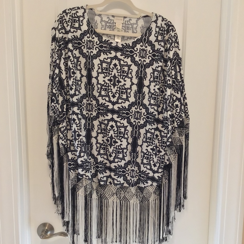 Chico's White and Black Poncho with Fringe - Size S/M